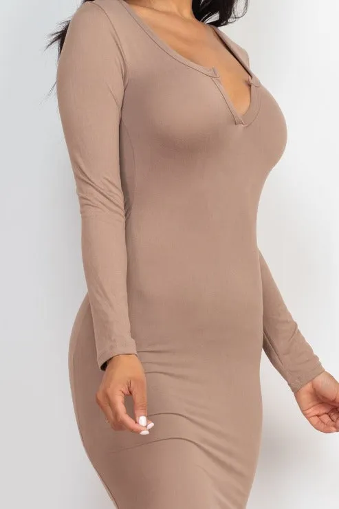 Split Neck Long Sleeve Midi Dress