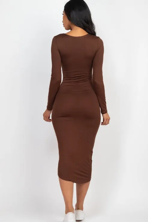 Split Neck Long Sleeve Midi Dress