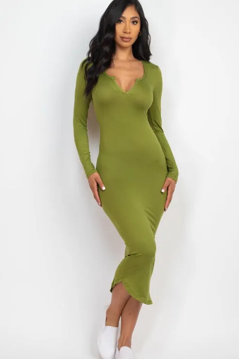 Split Neck Long Sleeve Midi Dress