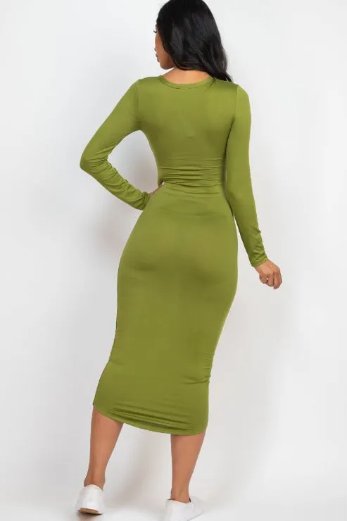 Split Neck Long Sleeve Midi Dress