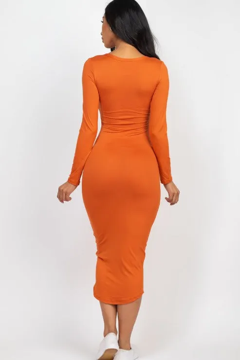 Split Neck Long Sleeve Midi Dress