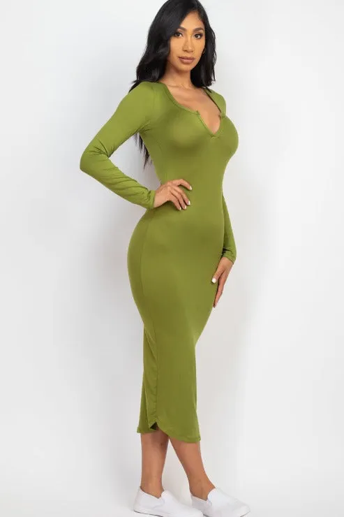 Split Neck Long Sleeve Midi Dress