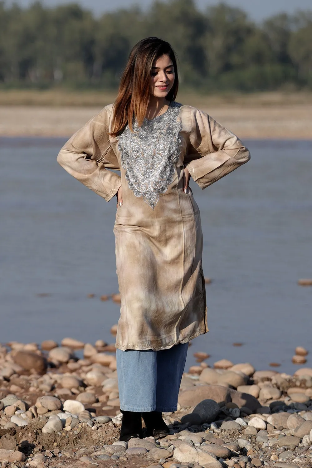 STEADY BROWN COLOUR TIE-DYE Aari Tilla Work Embroidered Phiran Enriched Designer Neckline Pattern