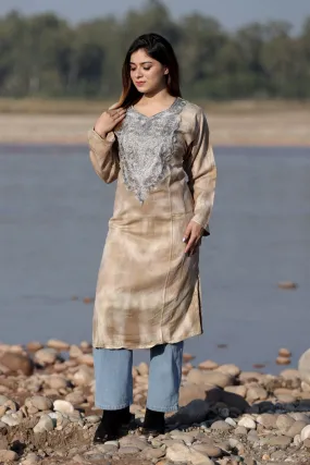 STEADY BROWN COLOUR TIE-DYE Aari Tilla Work Embroidered Phiran Enriched Designer Neckline Pattern