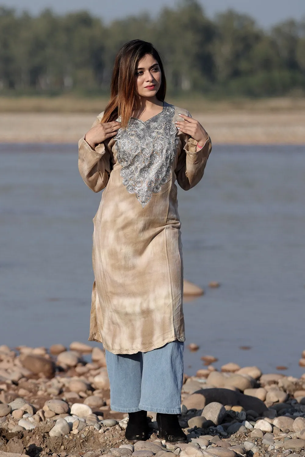 STEADY BROWN COLOUR TIE-DYE Aari Tilla Work Embroidered Phiran Enriched Designer Neckline Pattern