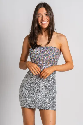 Strapless sequin mini dress pastel/silver