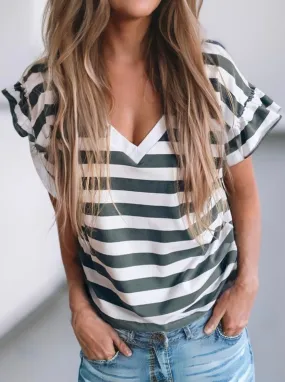 Striped V Neck Ruffle Sleeve Top