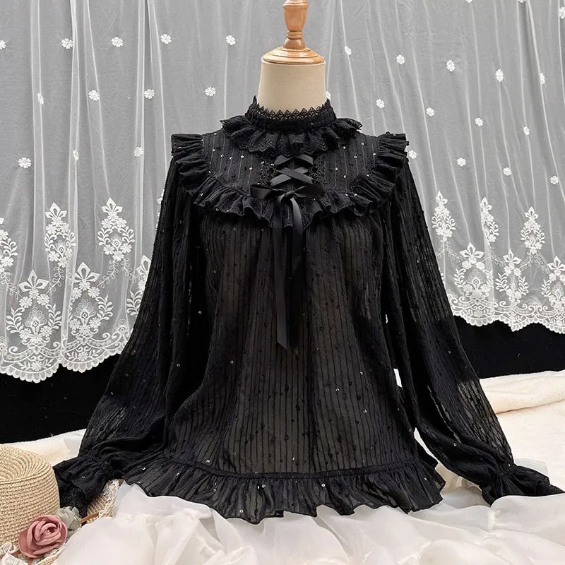 Sweet Long Sleeve Lolita Top Stand Collar Chiffon Blouse