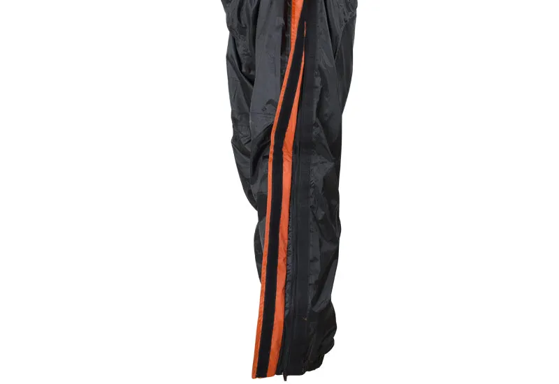 Two-Piece Black & Orange Rain Suit With Zippered Side Seams