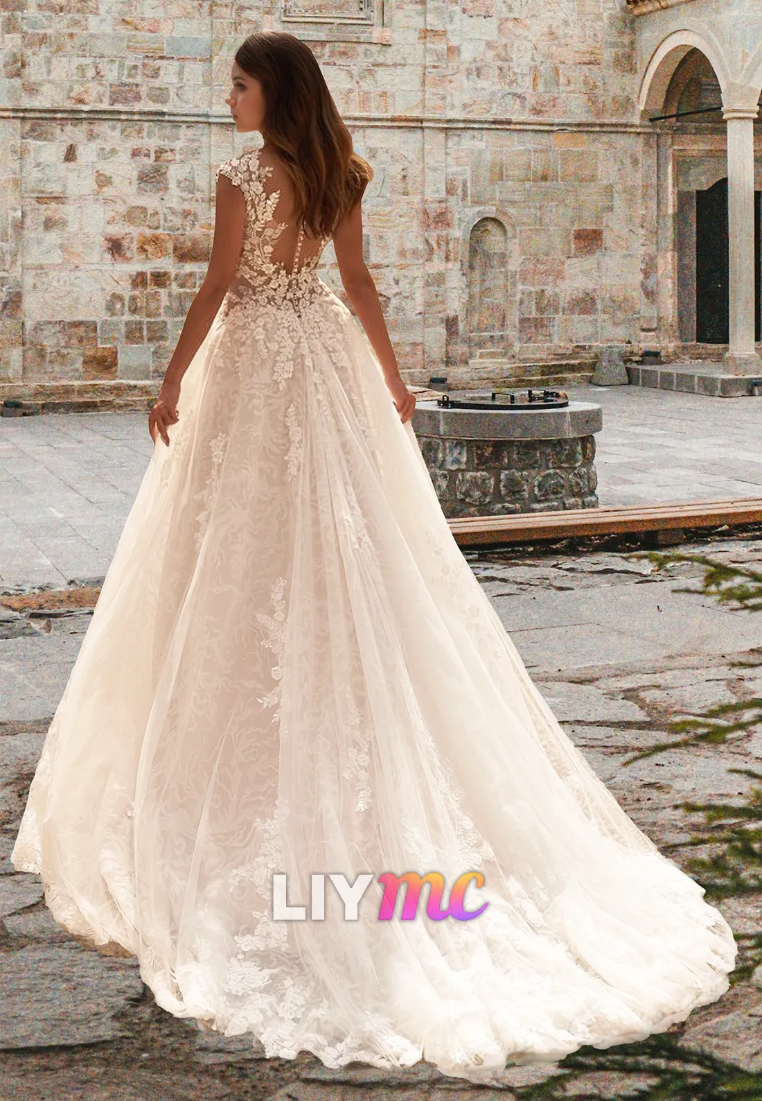 V-Neck Cap Sleeves Floral Appliques Tulle Ball Gown Weding Dress