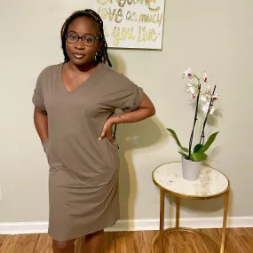 V-Neck T-Shirt Dress with Pockets - Mocha