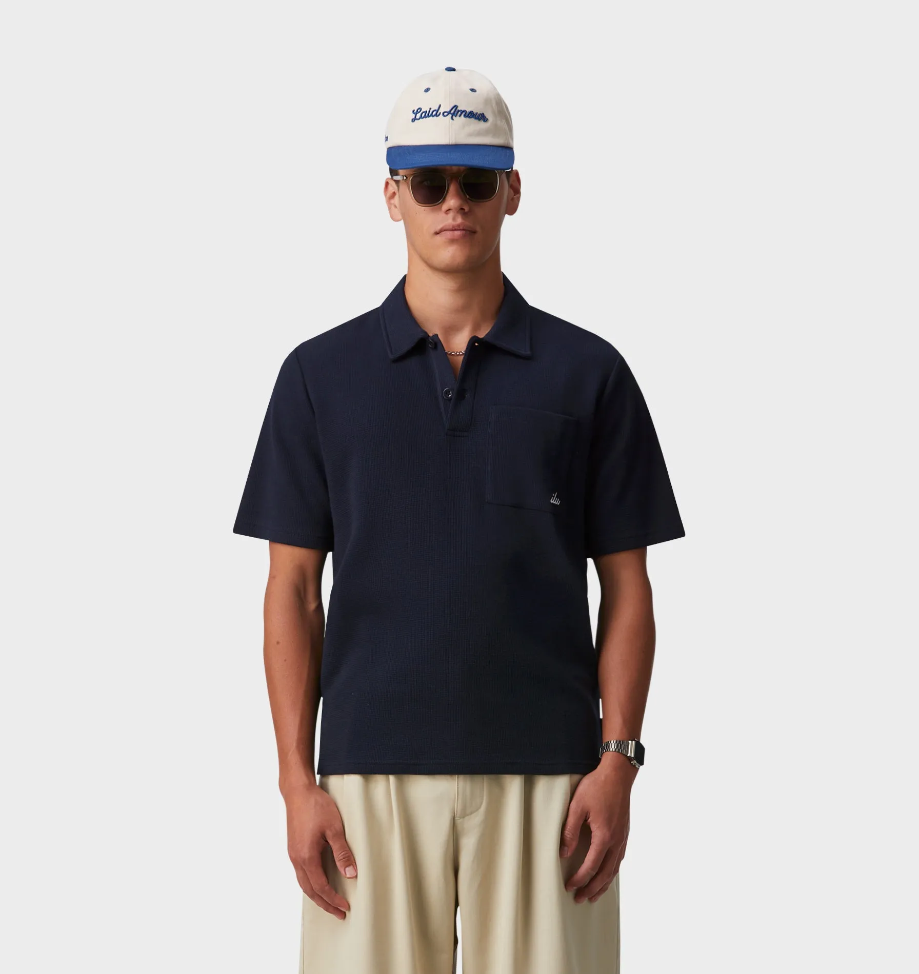 Waffle SS Polo Shirt - Navy