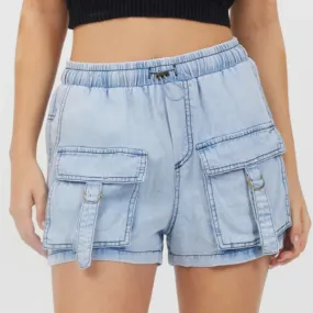 Washed Denim Tencel Cargo Shorts