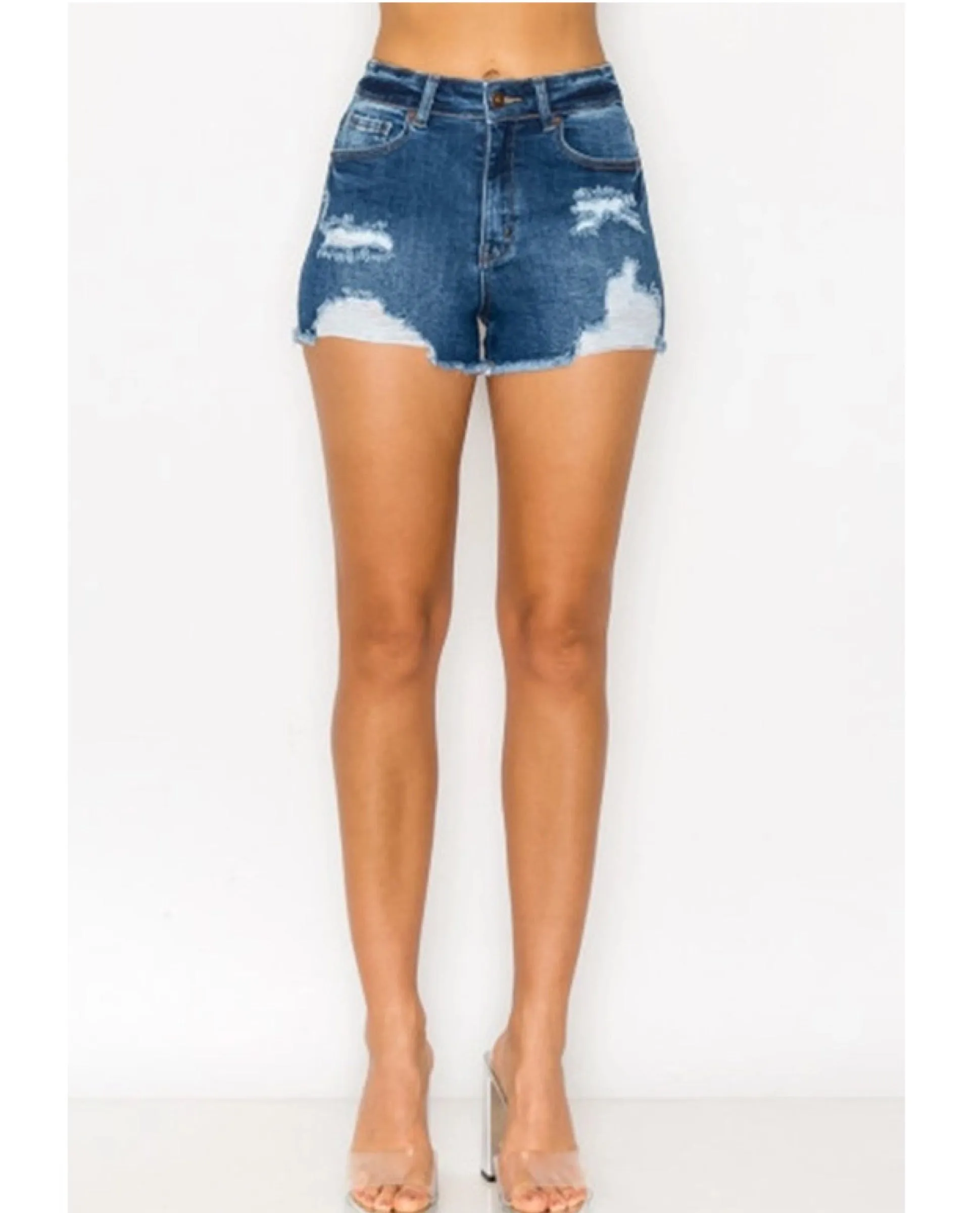 WAX JEAN MID RISE DESTRUCTED DENIM SHORTS