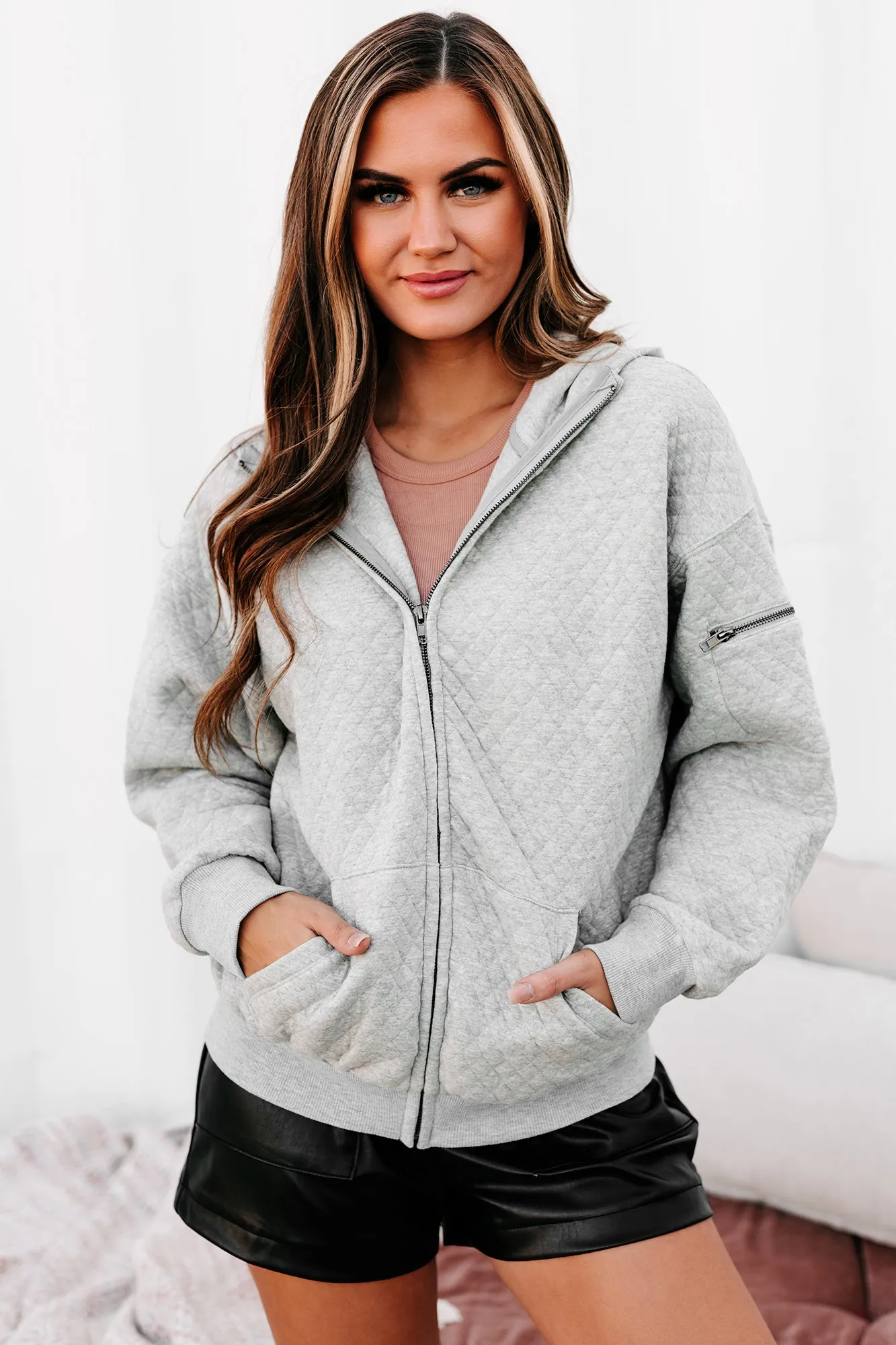 Weekend Welcome Quilted Zipper Hoodie (Grey)