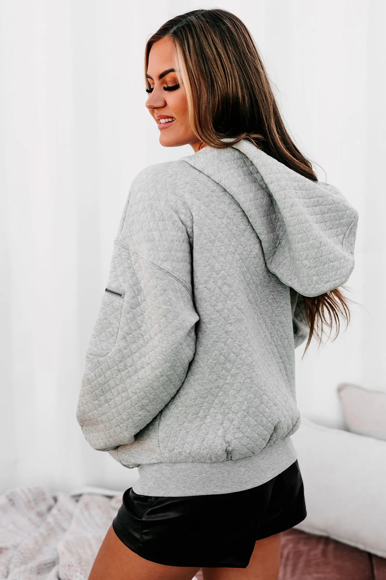 Weekend Welcome Quilted Zipper Hoodie (Grey)
