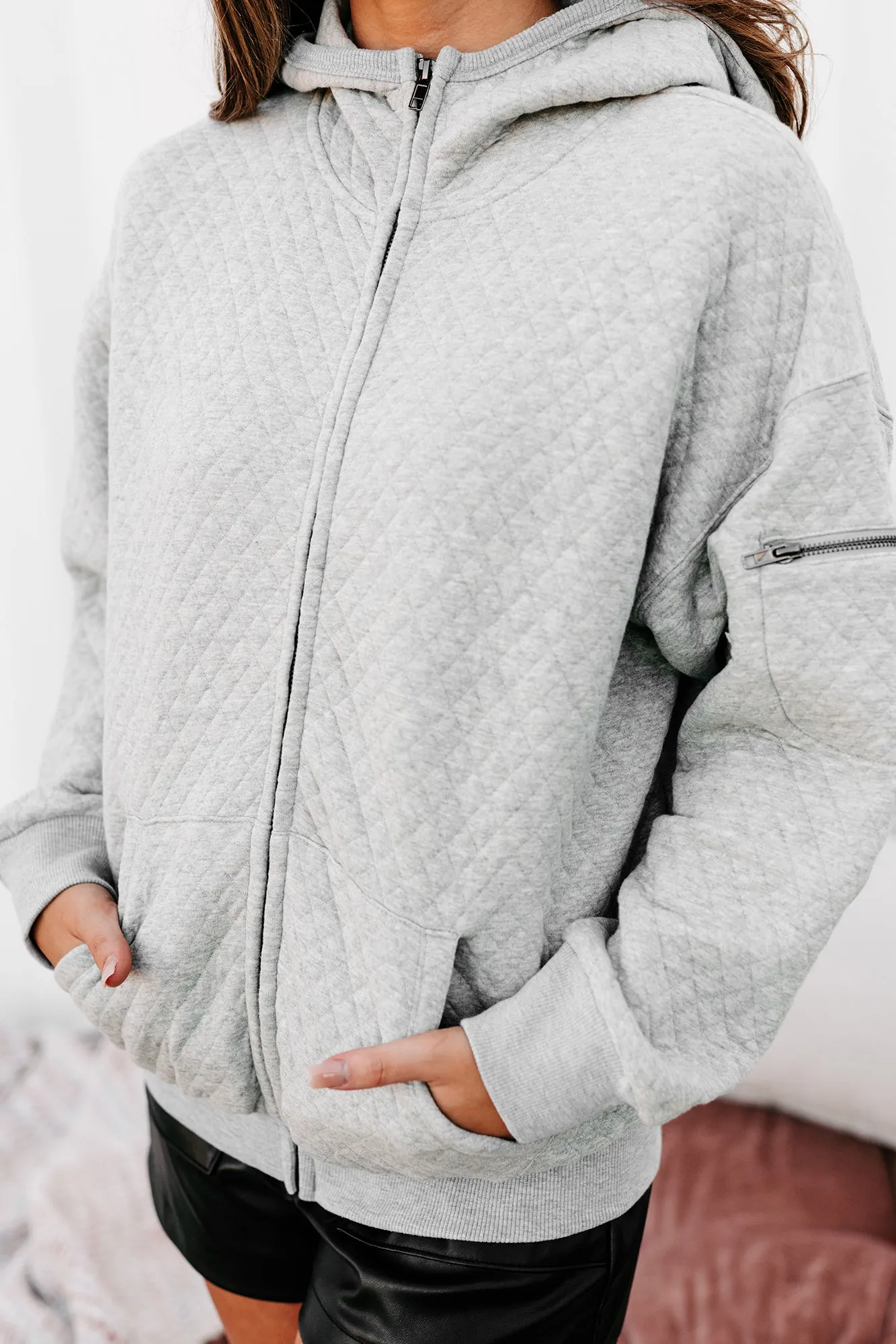 Weekend Welcome Quilted Zipper Hoodie (Grey)