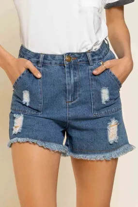 Wild Honey Distressed Fringe Hem Denim Shorts