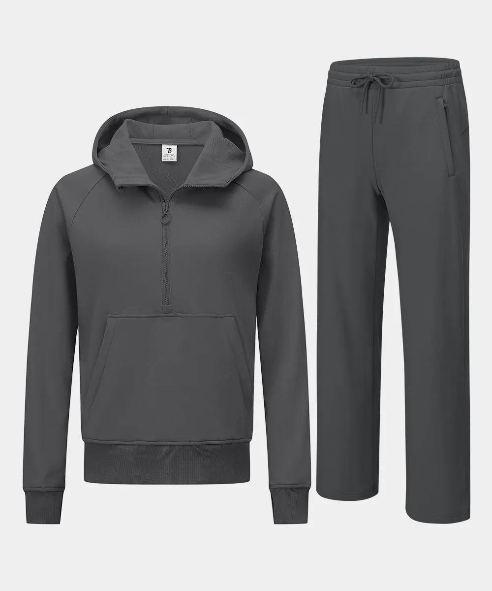 Women's 1/2 Zip Hooded Pullover And Wide Leg Pants Casual Set