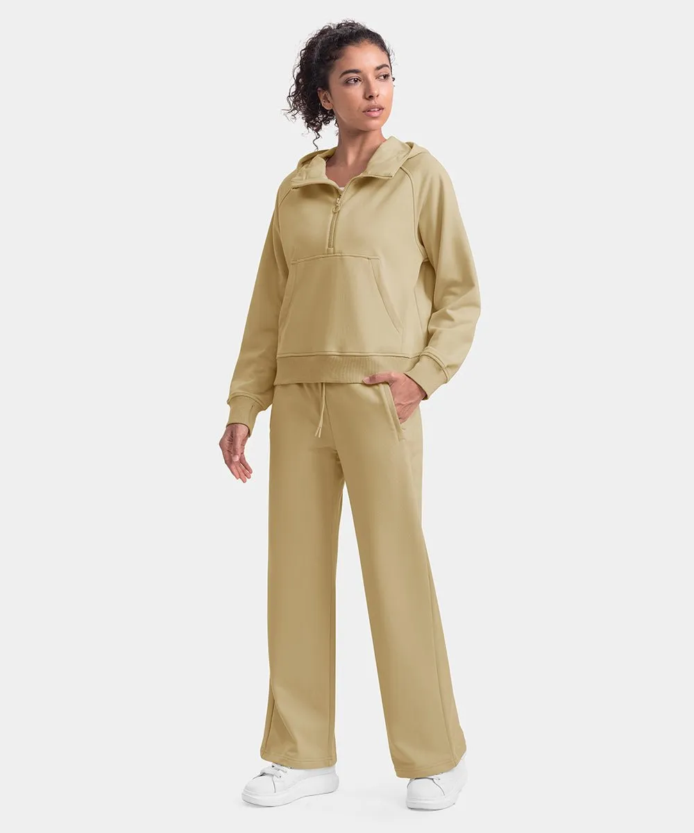Women's 1/2 Zip Hooded Pullover And Wide Leg Pants Casual Set