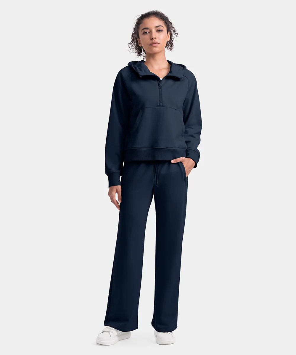 Women's 1/2 Zip Hooded Pullover And Wide Leg Pants Casual Set