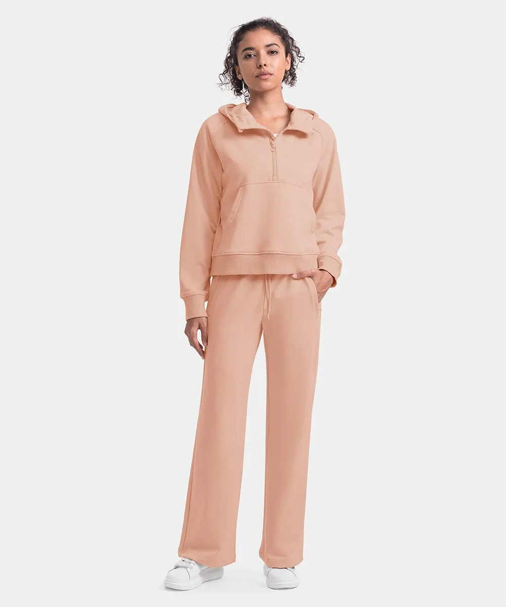 Women's 1/2 Zip Hooded Pullover And Wide Leg Pants Casual Set