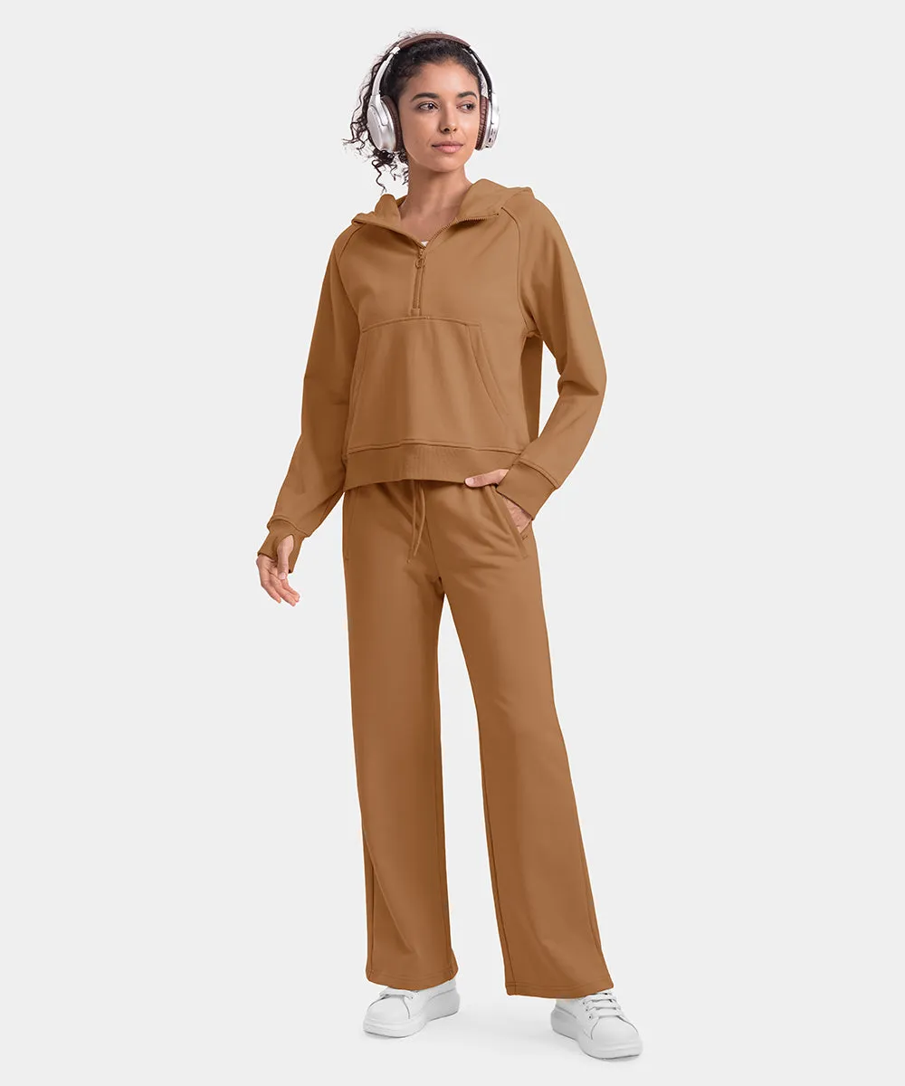 Women's 1/2 Zip Hooded Pullover And Wide Leg Pants Casual Set