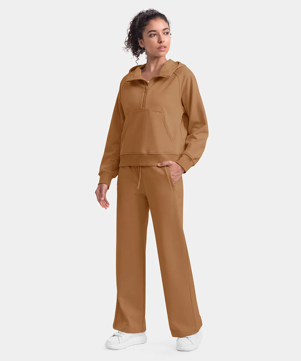 Women's 1/2 Zip Hooded Pullover And Wide Leg Pants Casual Set