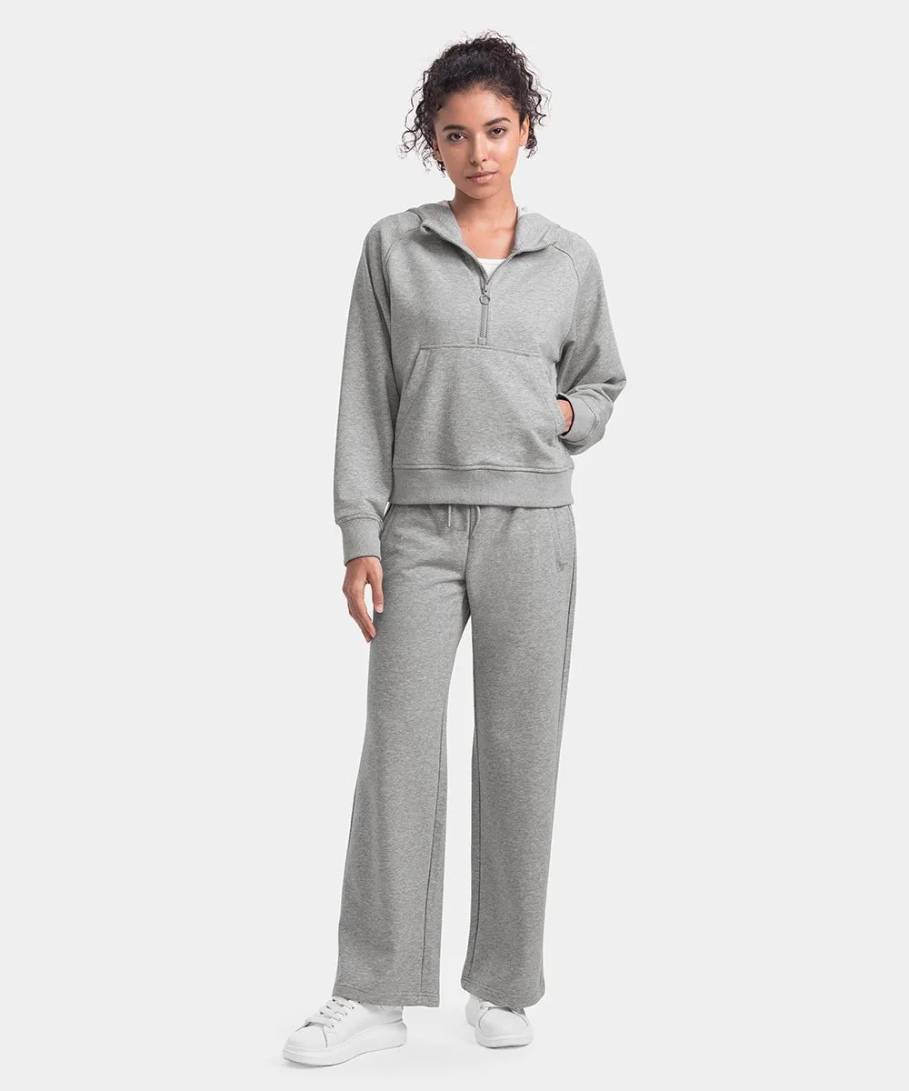 Women's 1/2 Zip Hooded Pullover And Wide Leg Pants Casual Set