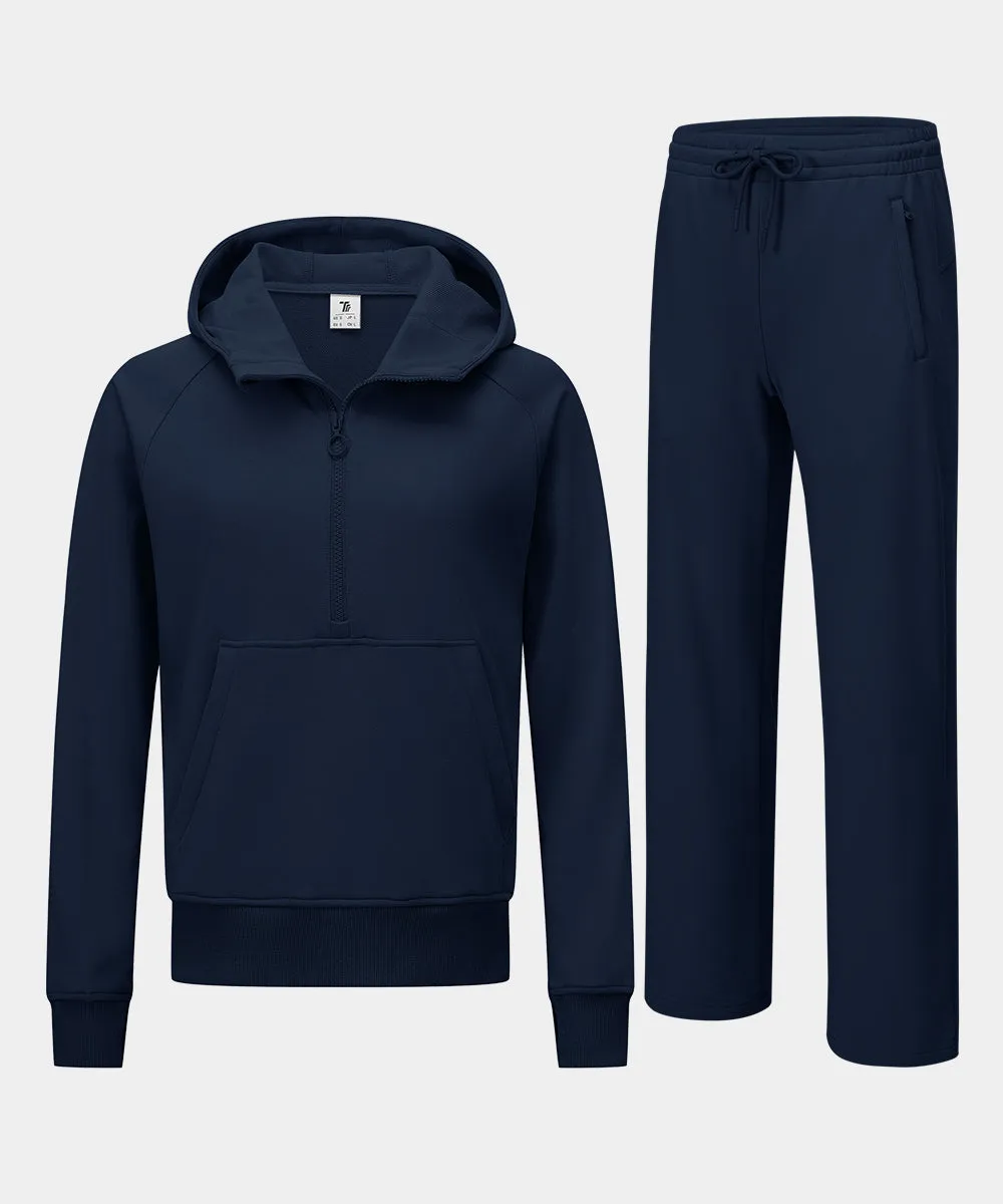 Women's 1/2 Zip Hooded Pullover And Wide Leg Pants Casual Set