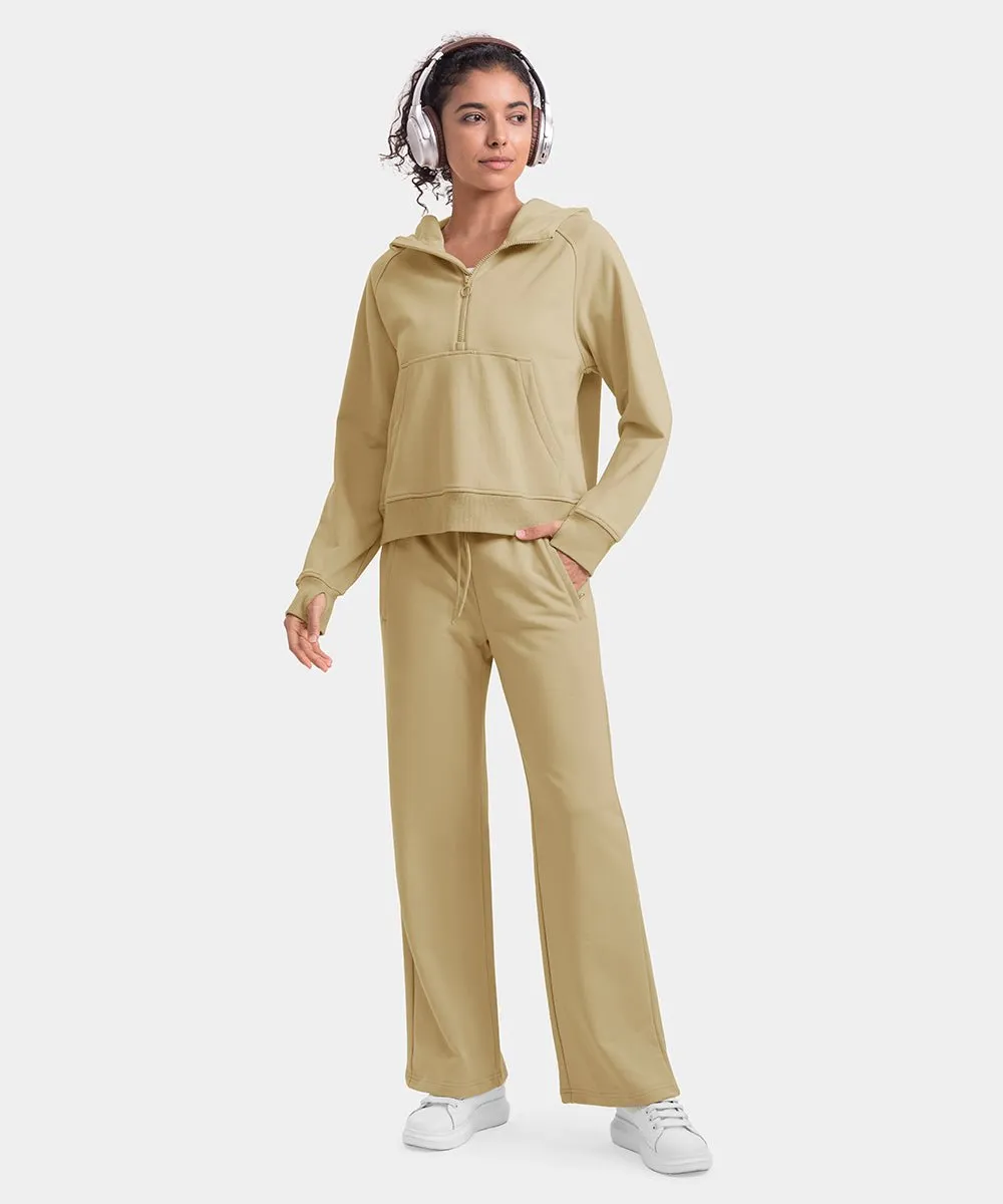 Women's 1/2 Zip Hooded Pullover And Wide Leg Pants Casual Set