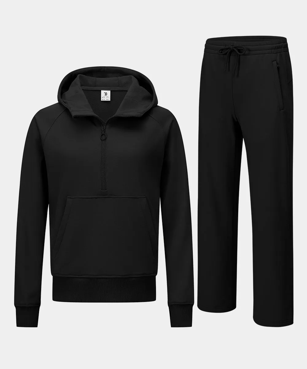Women's 1/2 Zip Hooded Pullover And Wide Leg Pants Casual Set