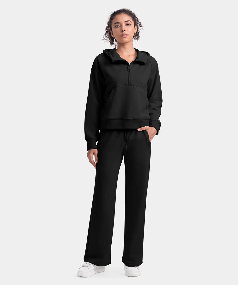 Women's 1/2 Zip Hooded Pullover And Wide Leg Pants Casual Set