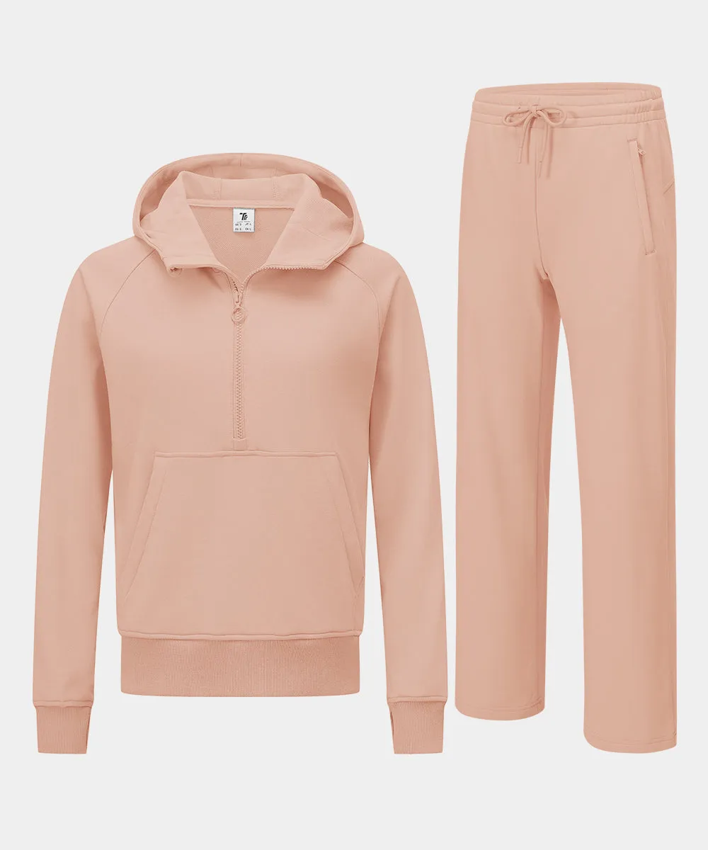Women's 1/2 Zip Hooded Pullover And Wide Leg Pants Casual Set