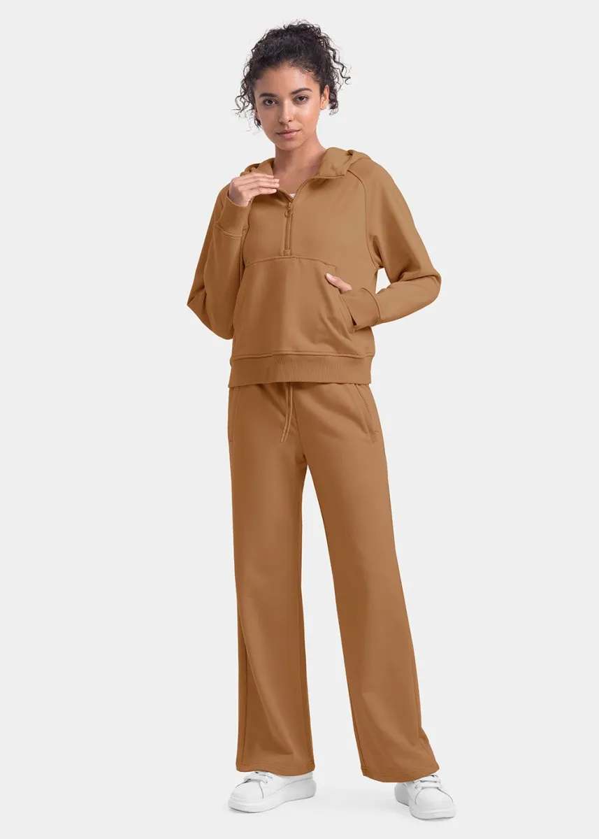 Women's 1/2 Zip Hooded Pullover And Wide Leg Pants Casual Set