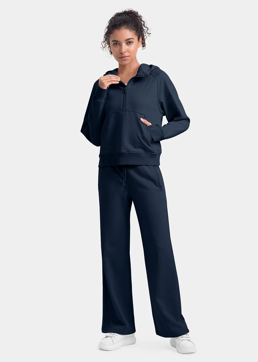 Women's 1/2 Zip Hooded Pullover And Wide Leg Pants Casual Set