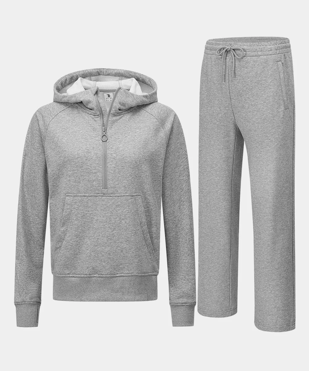 Women's 1/2 Zip Hooded Pullover And Wide Leg Pants Casual Set