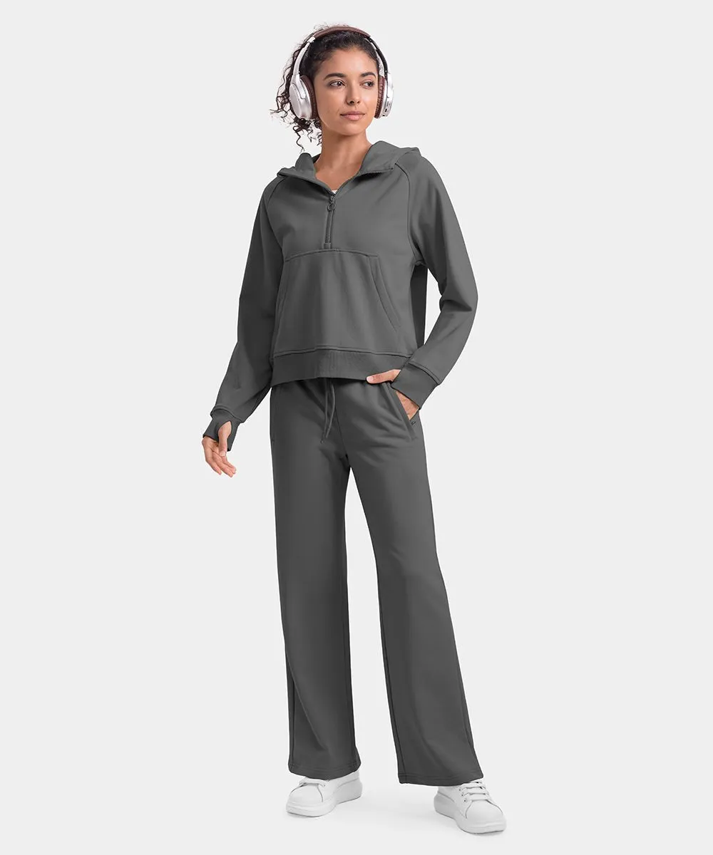 Women's 1/2 Zip Hooded Pullover And Wide Leg Pants Casual Set