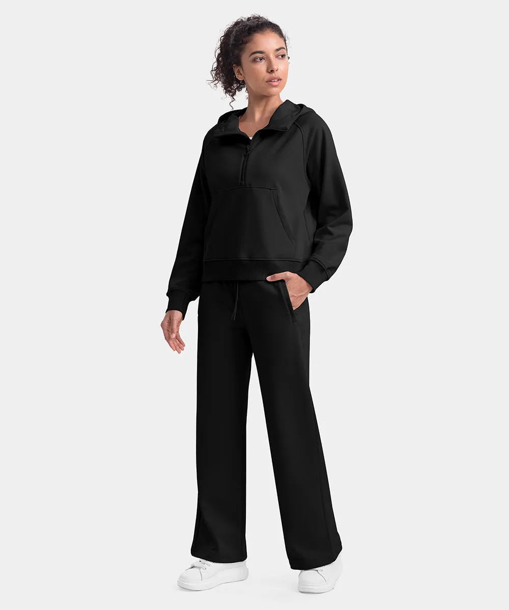Women's 1/2 Zip Hooded Pullover And Wide Leg Pants Casual Set