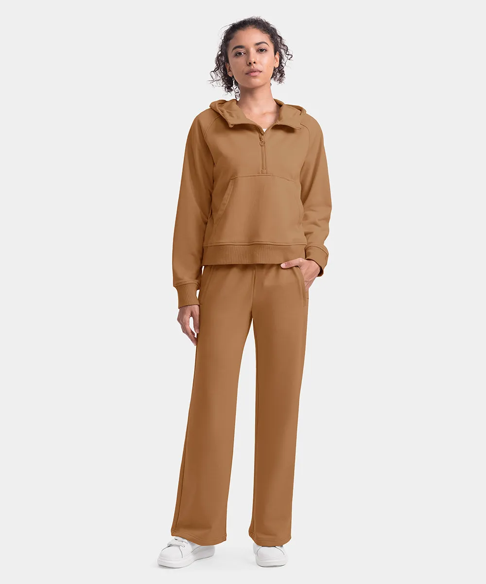 Women's 1/2 Zip Hooded Pullover And Wide Leg Pants Casual Set