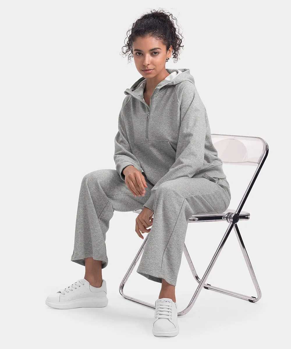 Women's 1/2 Zip Hooded Pullover And Wide Leg Pants Casual Set