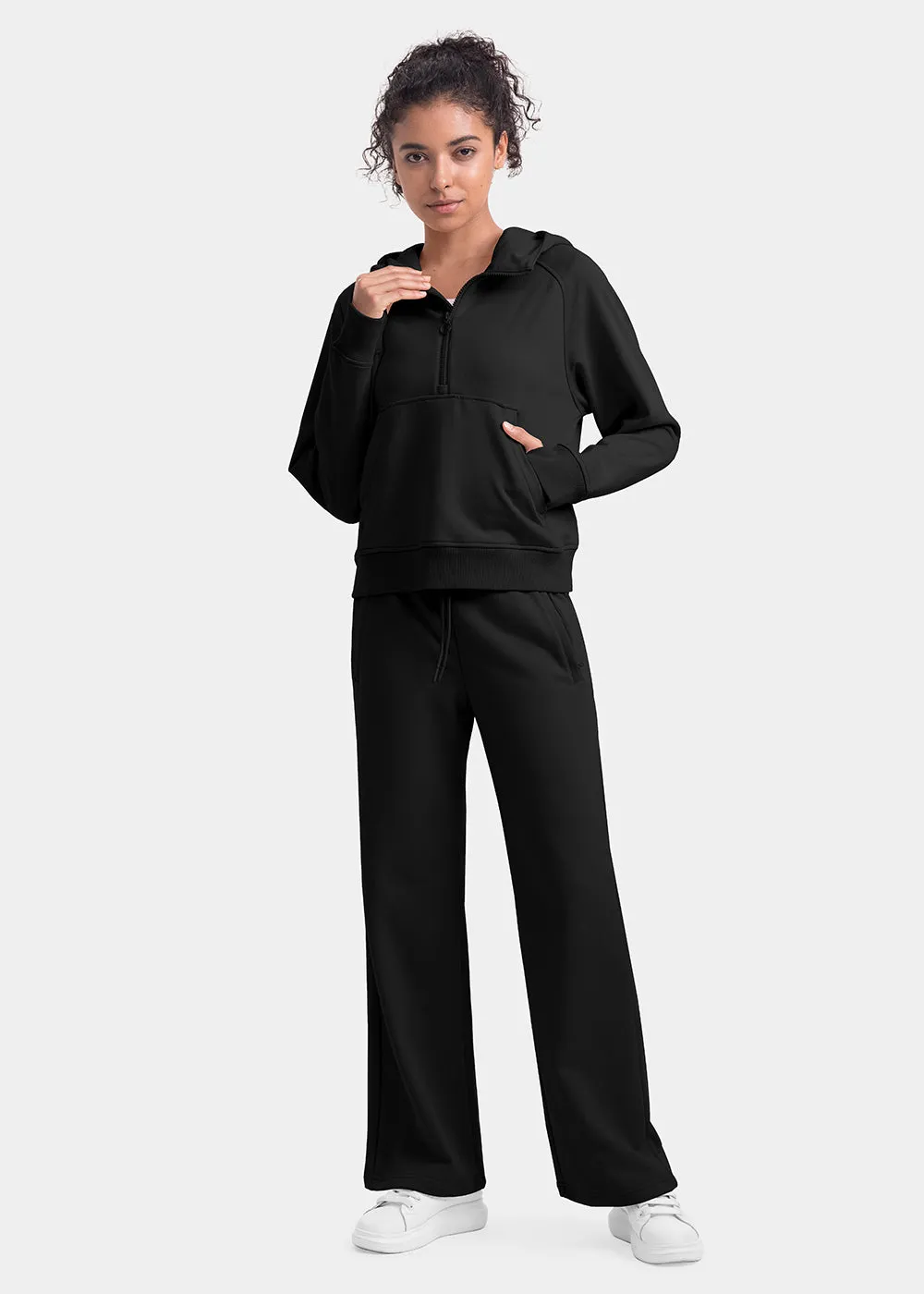 Women's 1/2 Zip Hooded Pullover And Wide Leg Pants Casual Set