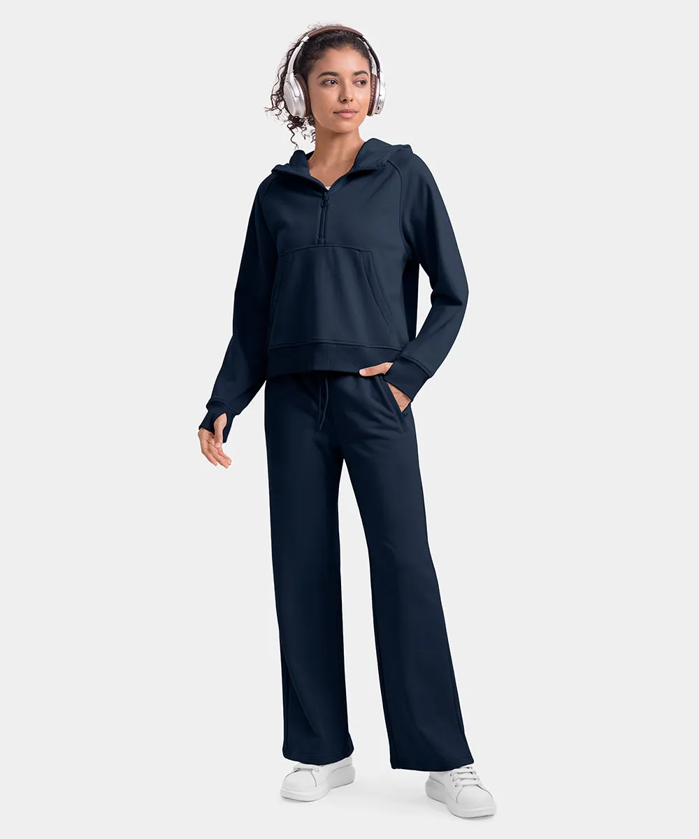Women's 1/2 Zip Hooded Pullover And Wide Leg Pants Casual Set
