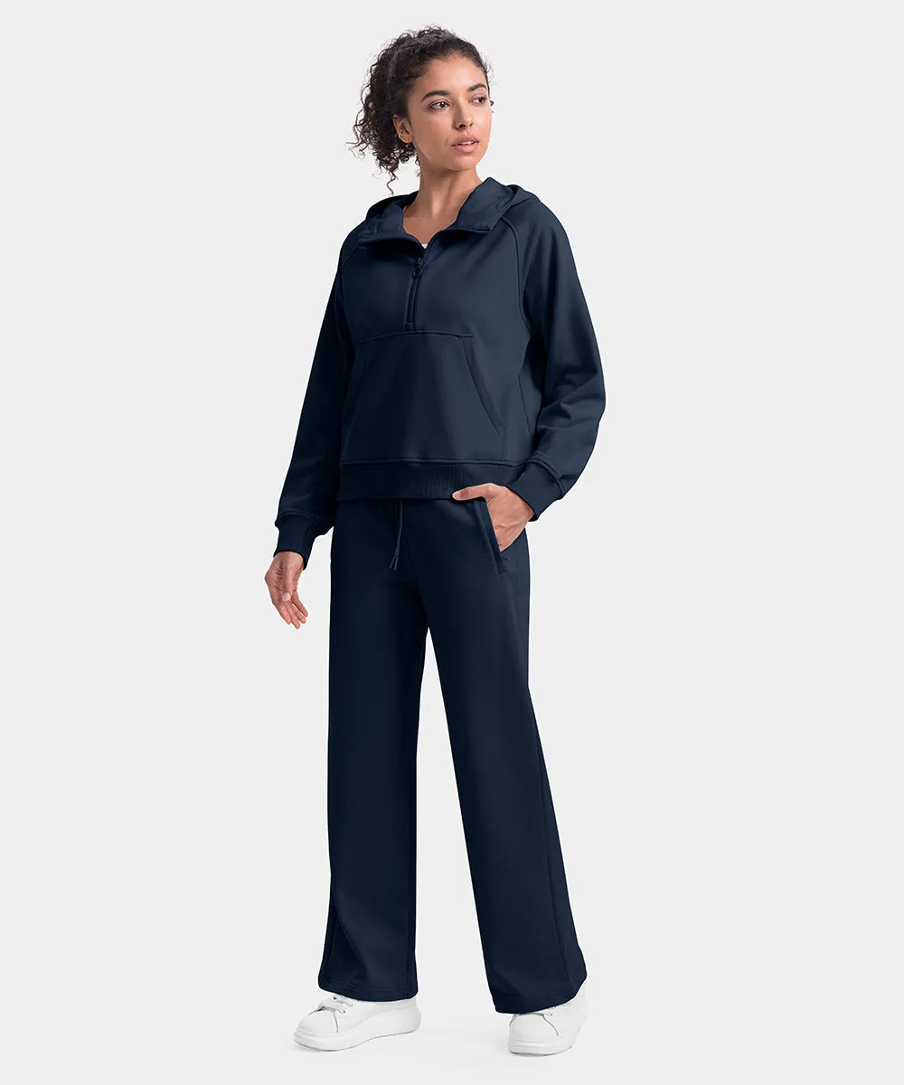 Women's 1/2 Zip Hooded Pullover And Wide Leg Pants Casual Set