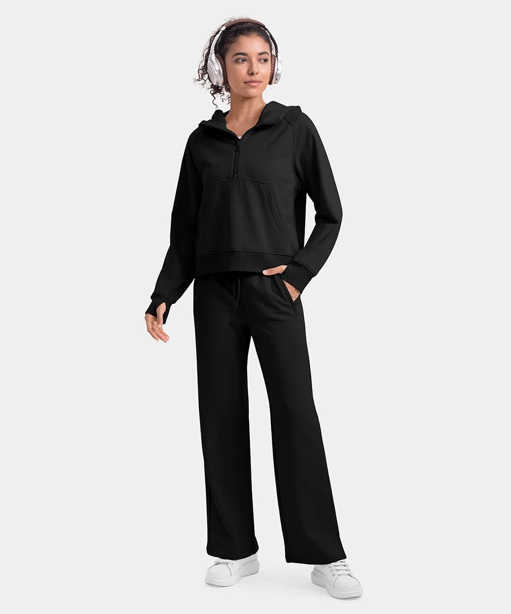 Women's 1/2 Zip Hooded Pullover And Wide Leg Pants Casual Set