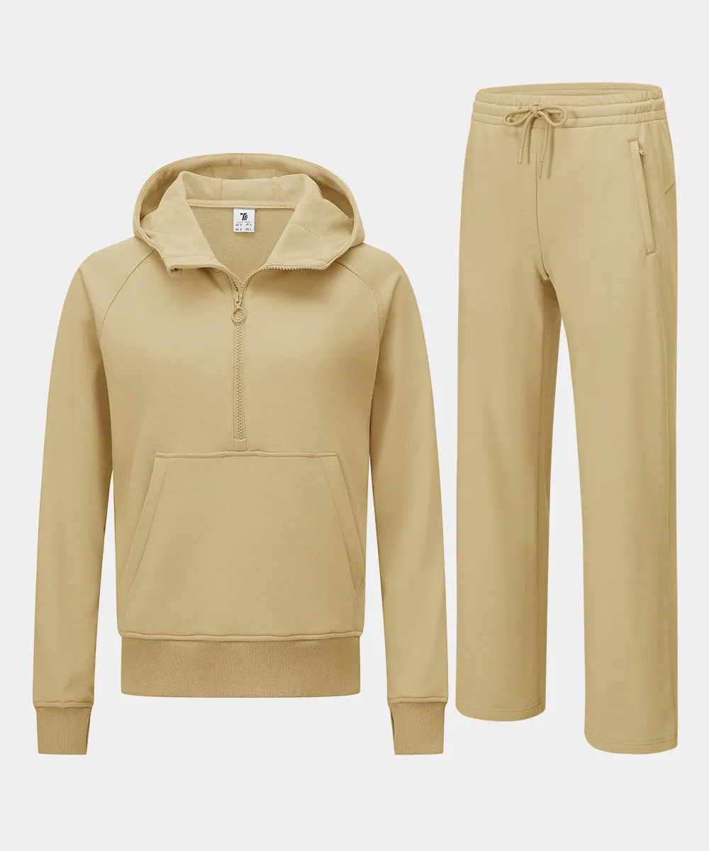 Women's 1/2 Zip Hooded Pullover And Wide Leg Pants Casual Set