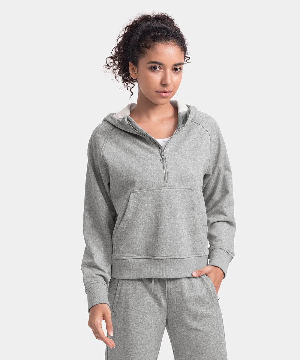 Women's 1/2 Zip Hooded Pullover And Wide Leg Pants Casual Set