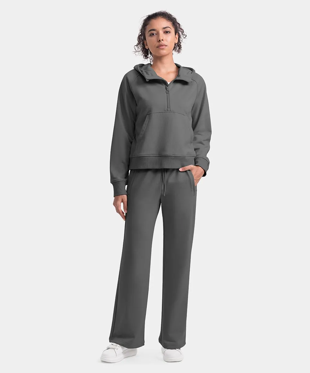 Women's 1/2 Zip Hooded Pullover And Wide Leg Pants Casual Set
