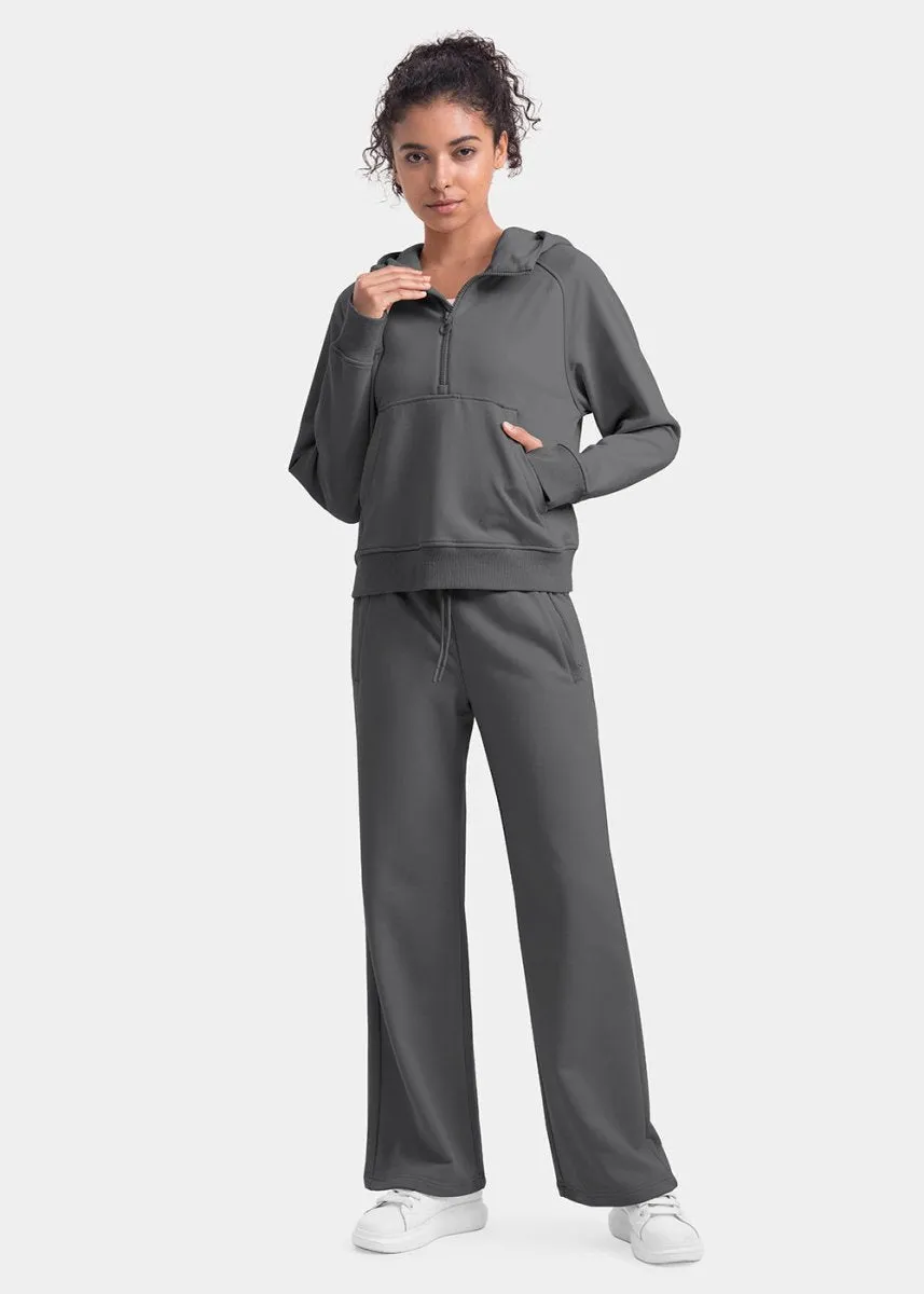 Women's 1/2 Zip Hooded Pullover And Wide Leg Pants Casual Set