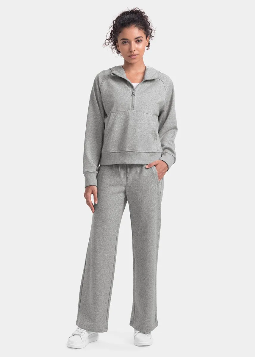 Women's 1/2 Zip Hooded Pullover And Wide Leg Pants Casual Set